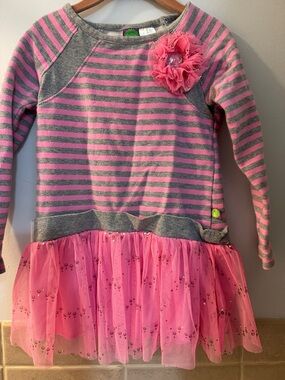 Dollie & Me Gray and Pink Stripe Knit Dress with Flower Accent